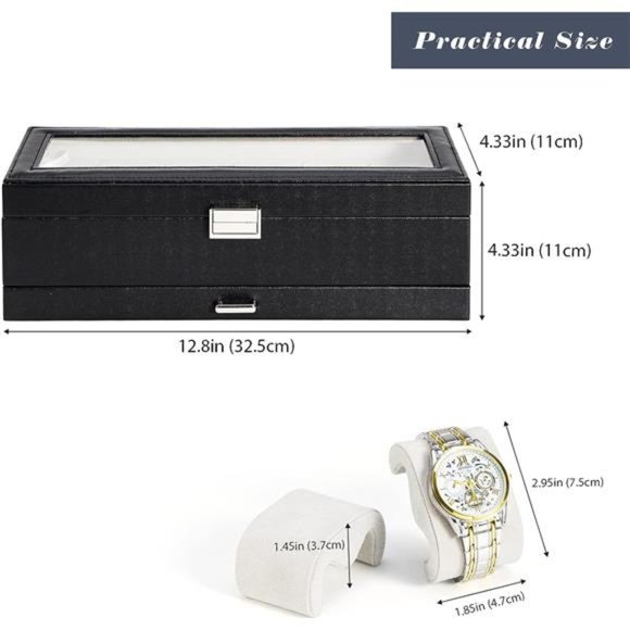 6 Slot Watch Case with Drawer, Watch Box Double-layer Jewelry and Watch, Black - Picture 6 of 6